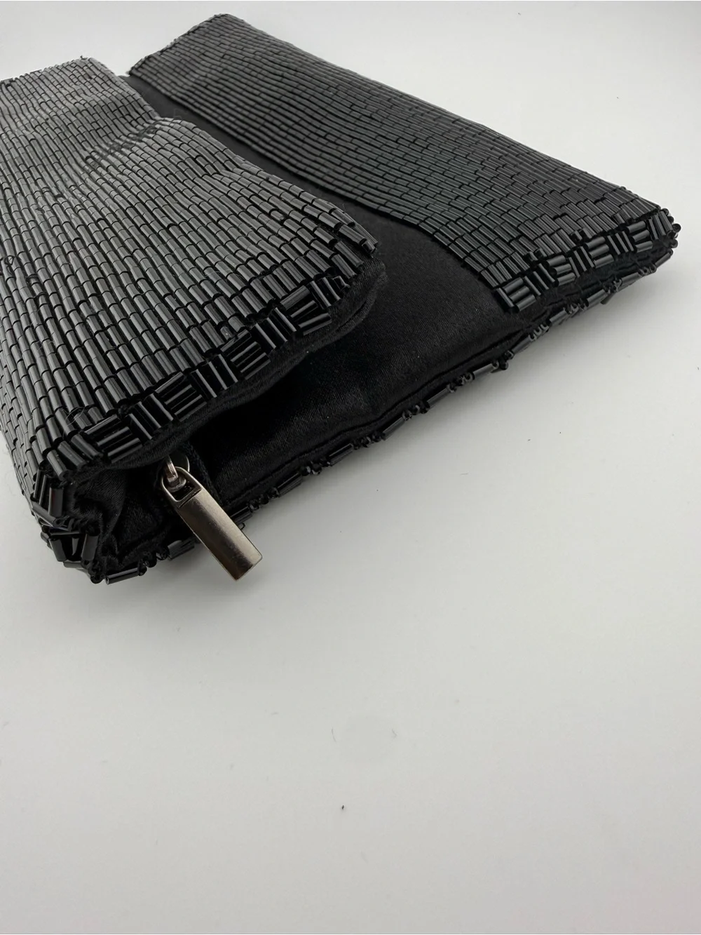 Sondra Roberts Black Bugle Beaded Fold-Over Clutch Evening Bag
